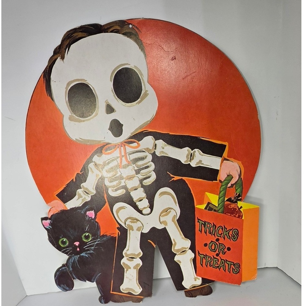 Vintage Halloween Skeleton Boy Black Cat Cardboard Cutout 14" Die cut 1960s 1970